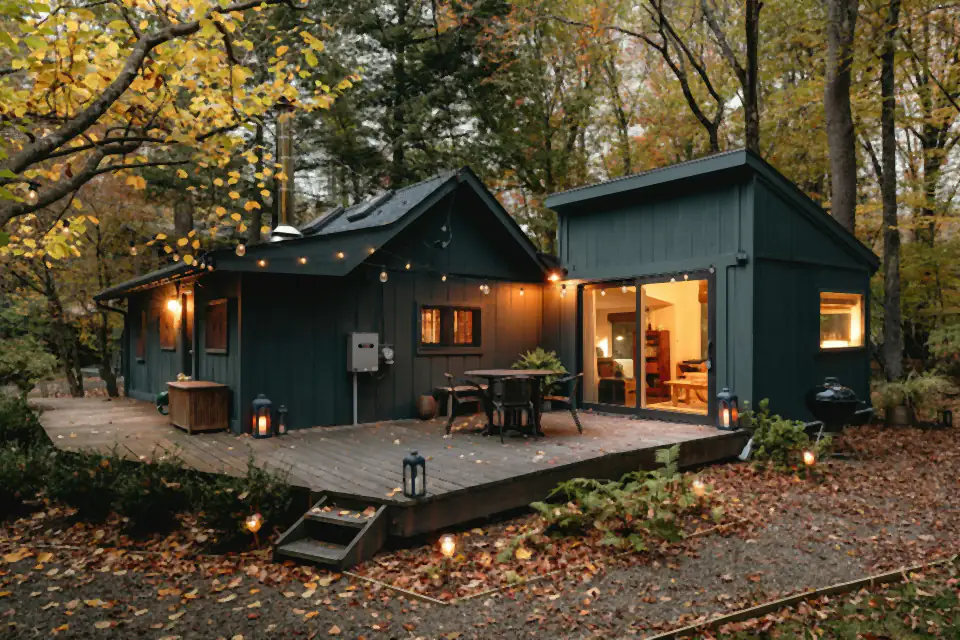 Garden buildings lit at dusk on a timber deck, design inspiration for garden rooms in Newcastle Garden buildings lit at dusk on a timber deck, garden room inspiration for Newcastle