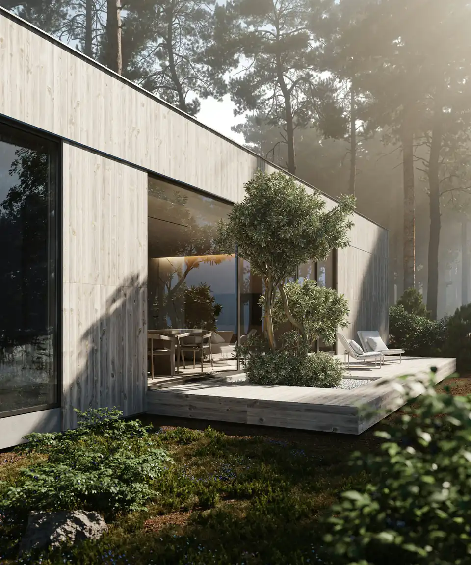 Glass and concrete garden pavilion with olive tree, design inspiration for garden rooms in Newcastle Contemporary glass garden pavilion with an olive tree, a design idea for garden rooms in Newcastle
