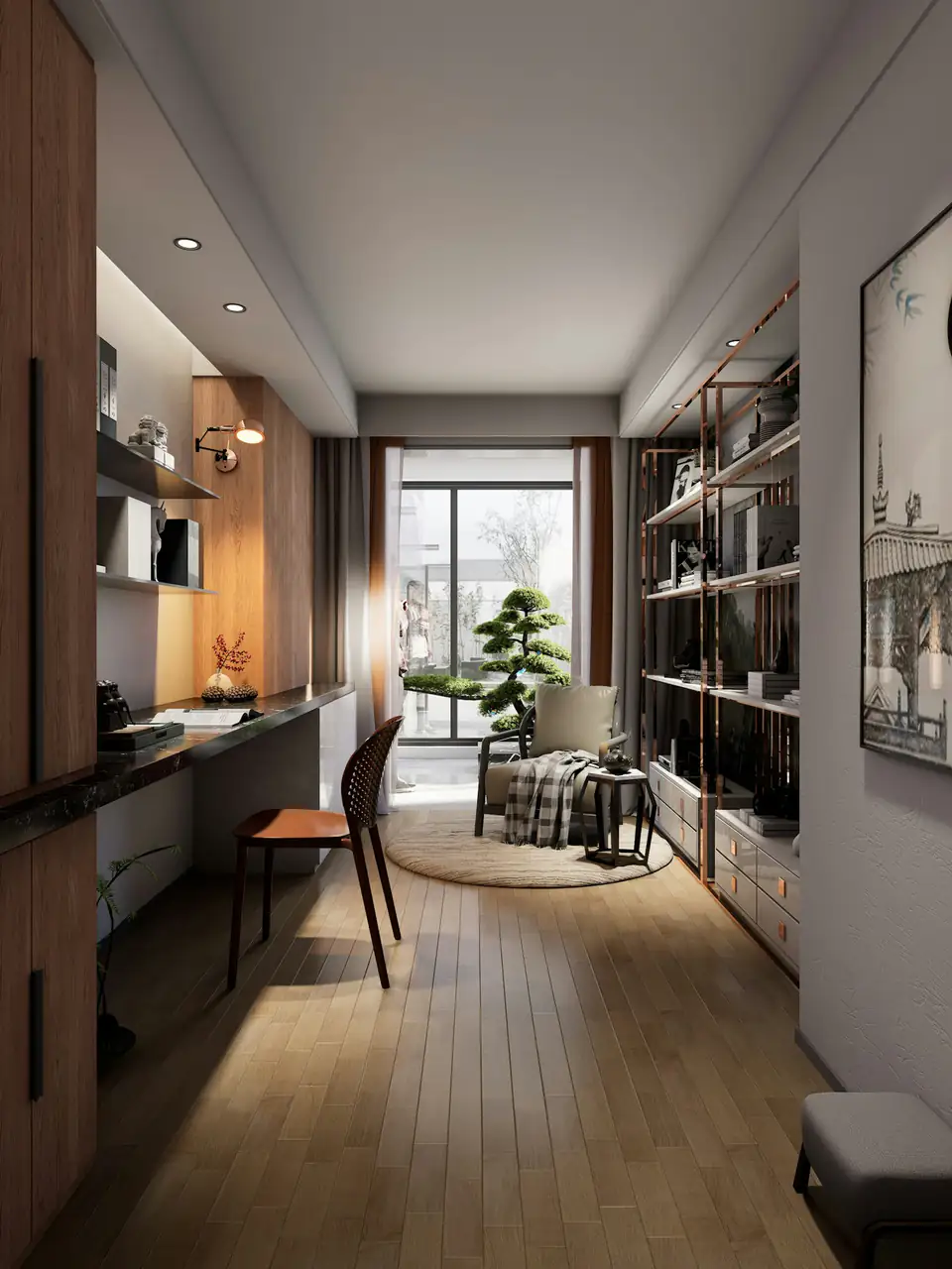 Garden office interior with desk and shelving, design inspiration for garden rooms in Newcastle Garden office interior with desk, shelving and a view of the garden, inspiration for Newcastle homes